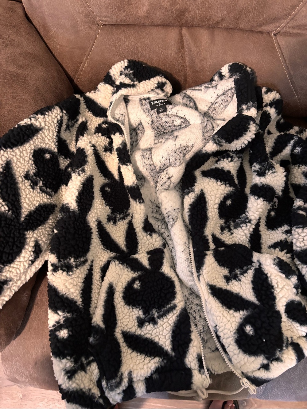 Playboy Black & Cream Sherpa Zip Hooded Jacket